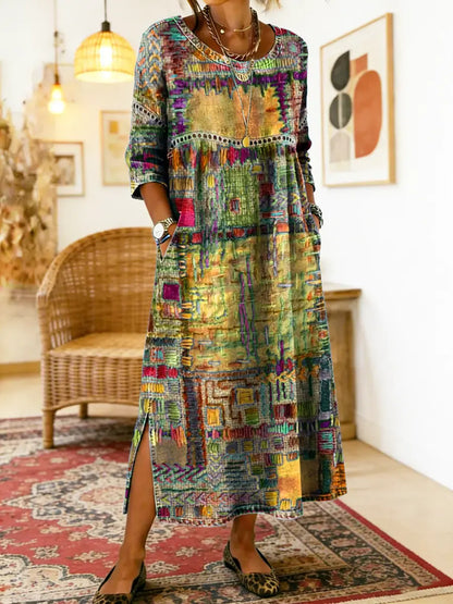 Manuela | Geprinte Jurk met Etnisch Patchwork