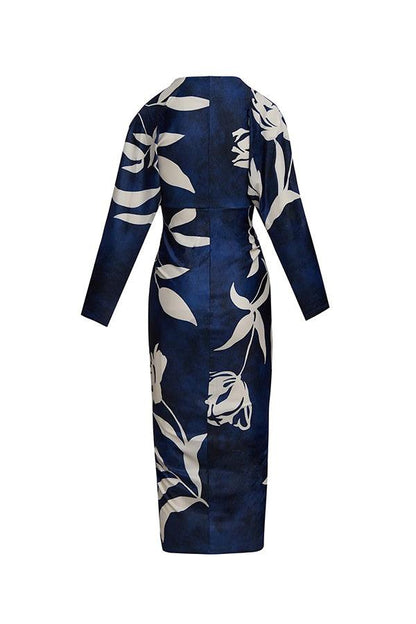 Unieke Print Dolman Lange Mouwen Rimpel Split Midi Jurk