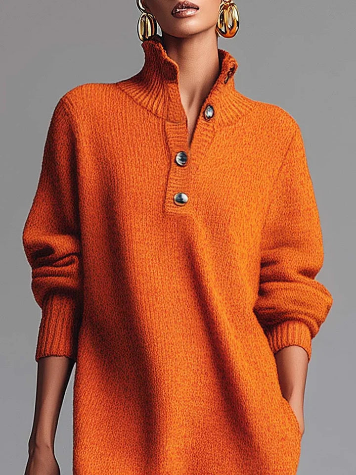 Oranje Colbert Knopen-Voorkant Gebreide Midi Jurk