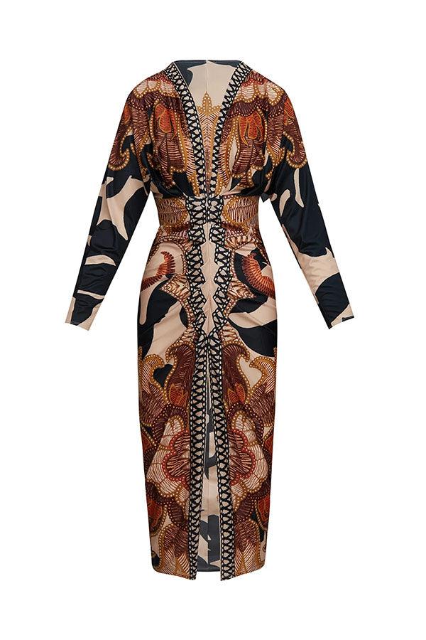 Unieke Print Dolman Lange Mouwen Rimpel Split Midi Jurk
