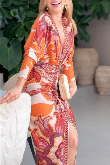 Unieke Print Dolman Lange Mouwen Rimpel Split Midi Jurk