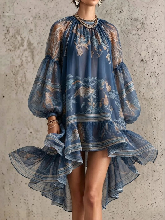 Vintage elegante gedrukte lange mouw losse mini jurk