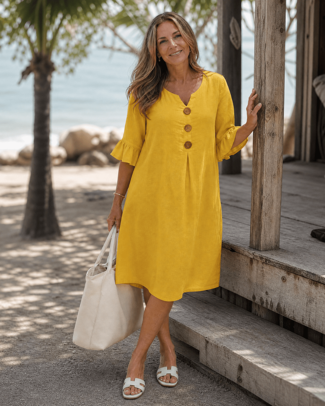 Comros | Knopdetail Rimpel Mouw Relaxed Midi Jurk
