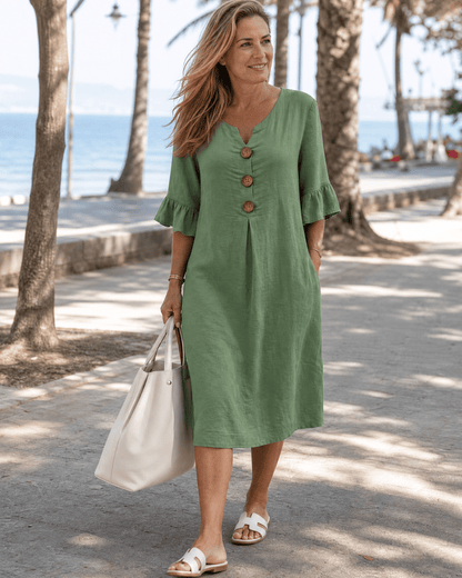 Comros | Knopdetail Rimpel Mouw Relaxed Midi Jurk