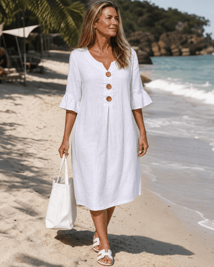 Comros | Knopdetail Rimpel Mouw Relaxed Midi Jurk