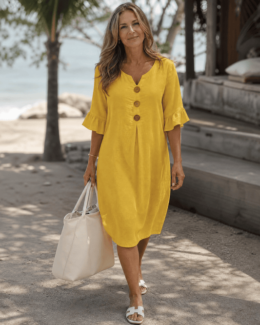 Comros | Knopdetail Rimpel Mouw Relaxed Midi Jurk