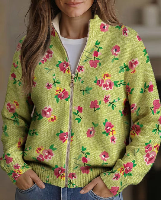 Constance™ | Roze Bloemen Lime Rits Cardigan
