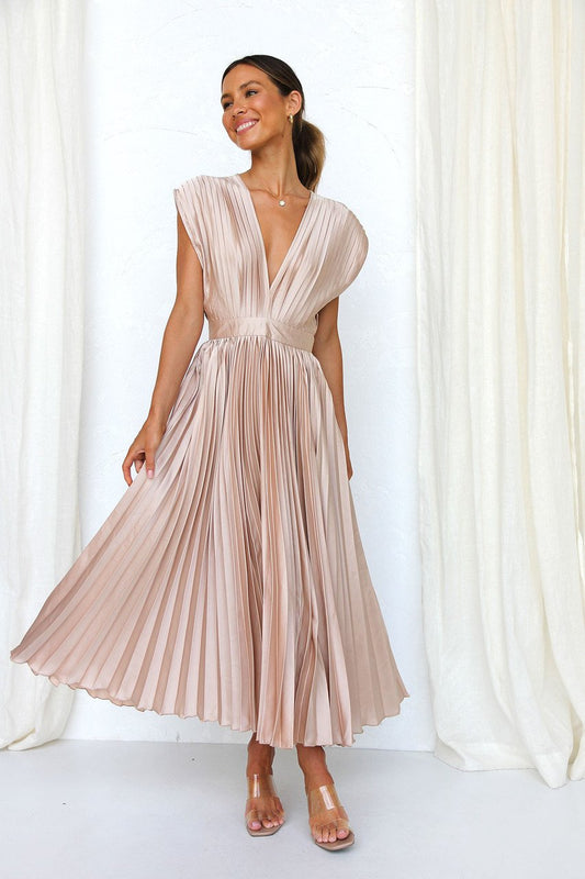 Elegante Satijnen Geplooide V-hals Vloeiende Midi Jurk