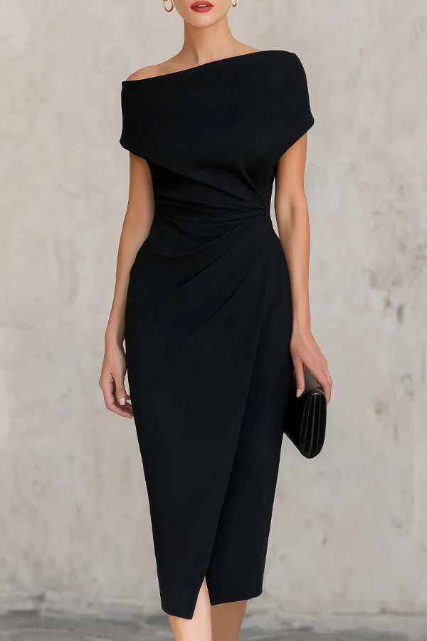 Elegante Korte Mouw Slim-fit Plissé Midi Jurk