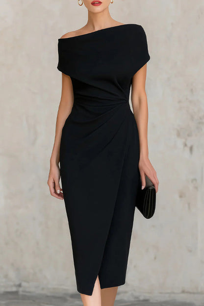 Elegante Korte Mouw Slim-fit Plissé Midi Jurk