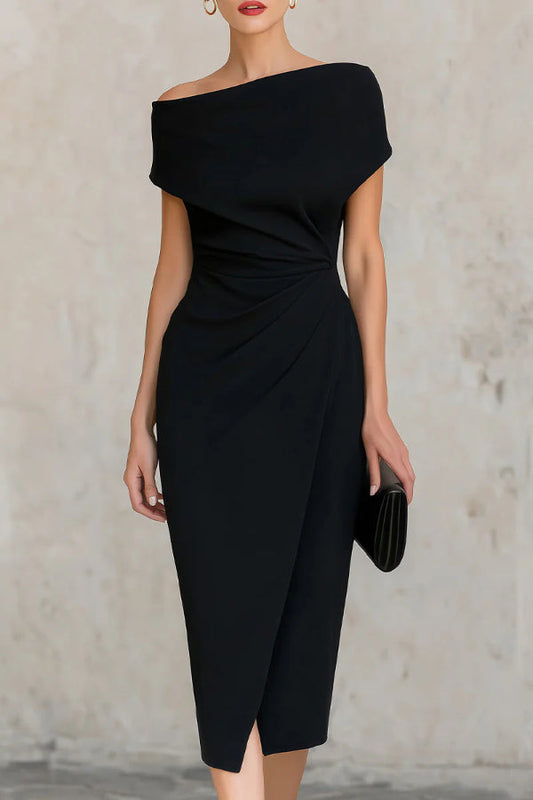 Elegante Korte Mouw Slim-fit Plissé Midi Jurk