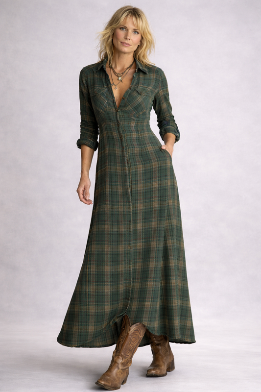 Elin - Geruite Maxi Jurk met lange mouwen
