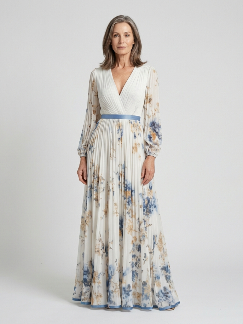 Lavinia | Maxi jurk met lange mouwen en V-hals met bloemenpatroon
