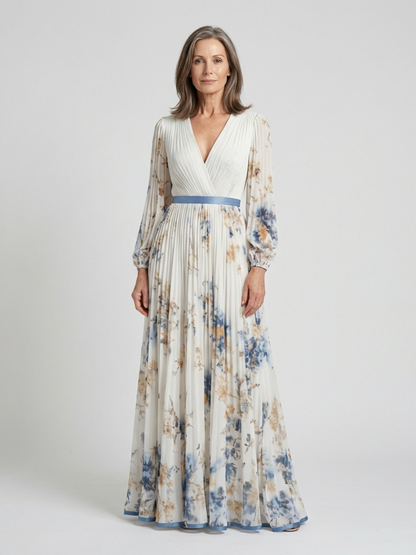 Lavinia | Maxi jurk met lange mouwen en V-hals met bloemenpatroon
