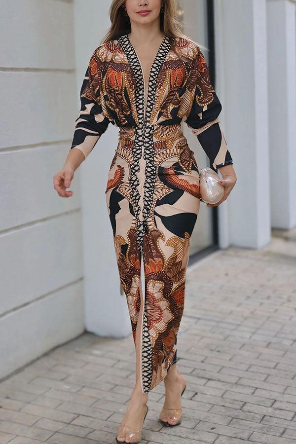 Unieke Print Dolman Lange Mouwen Rimpel Split Midi Jurk