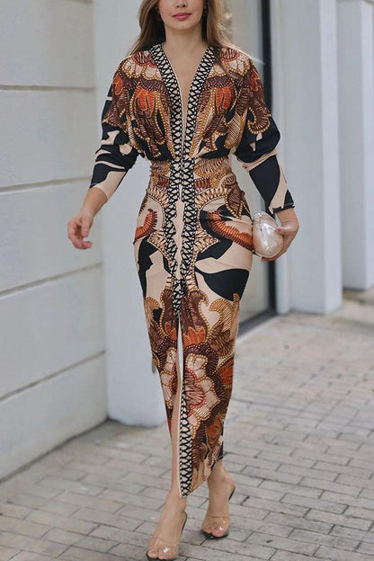 Unieke Print Dolman Lange Mouwen Rimpel Split Midi Jurk