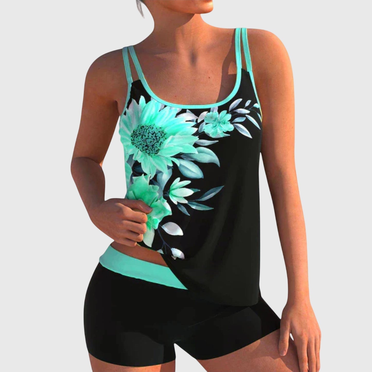 Flor – Bloemige tankini met short, effect platte buik