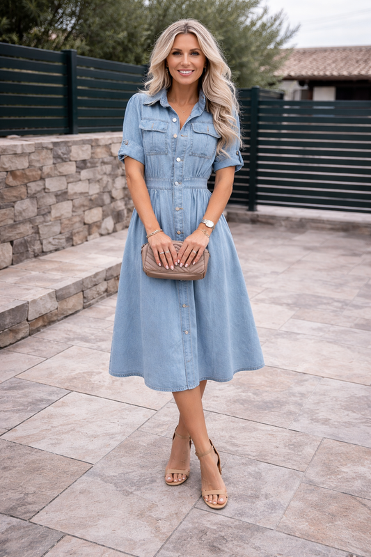 Tiffany - Denim Jurk met Knoopsluiting en Zakken