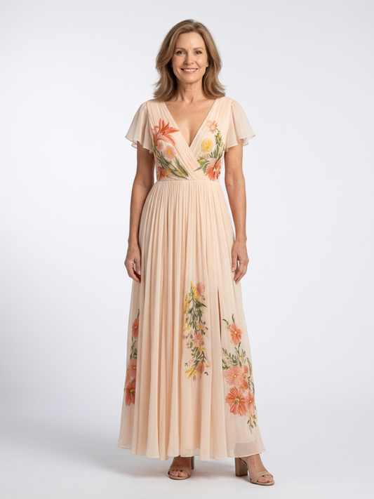 Calista | Maxi Jurk met V-hals en Korte Mouwen
