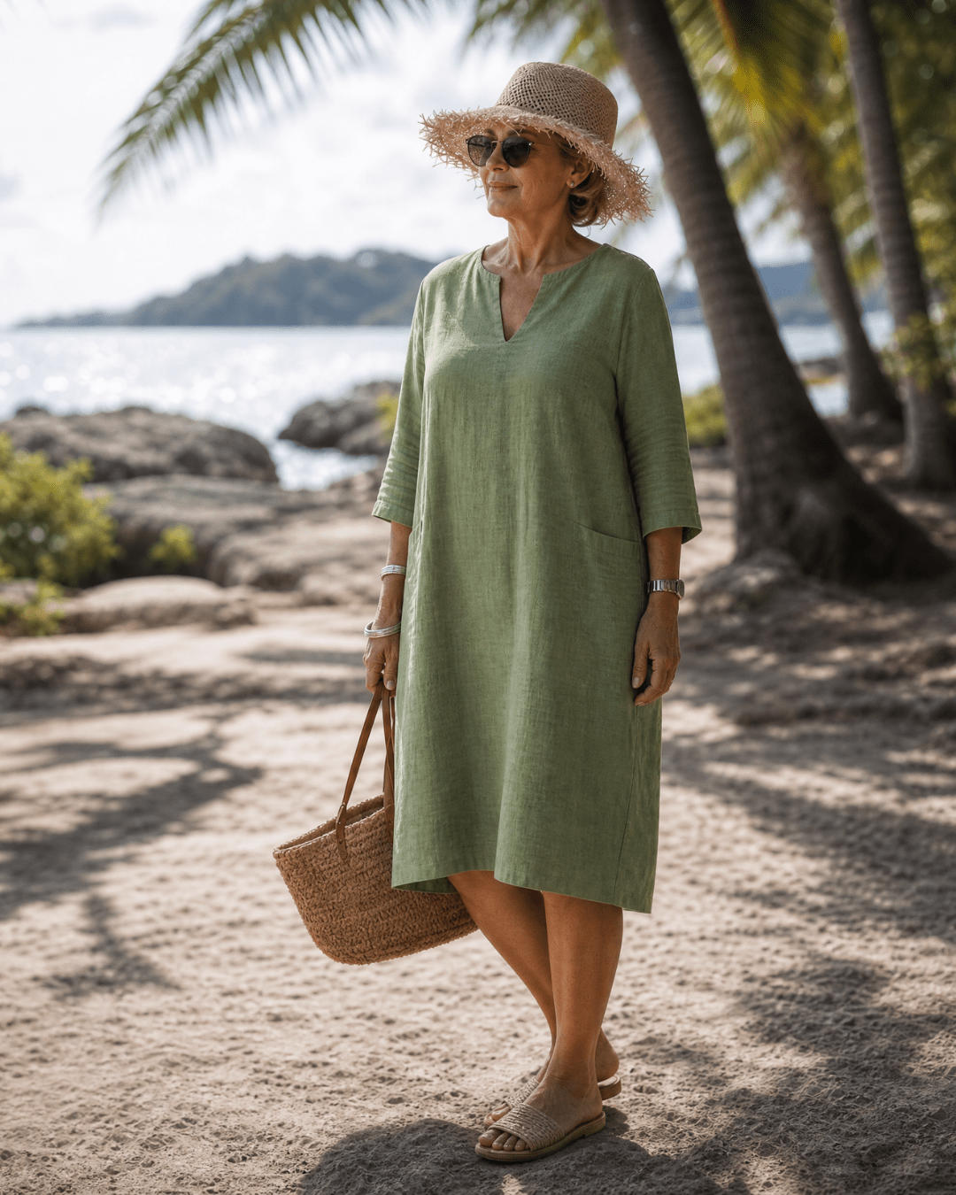 Elixir | Textured V Neck Drie Kwart Mouw Knie Lengte Jurk