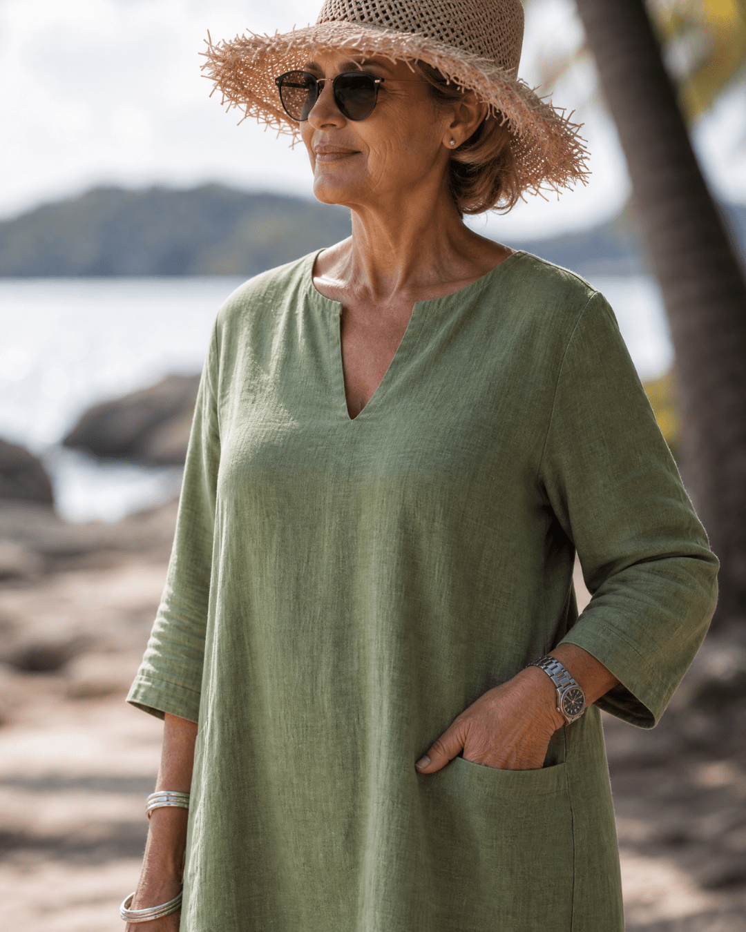 Elixir | Textured V Neck Drie Kwart Mouw Knie Lengte Jurk