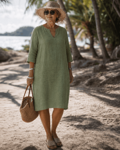 Elixir | Textured V Neck Drie Kwart Mouw Knie Lengte Jurk
