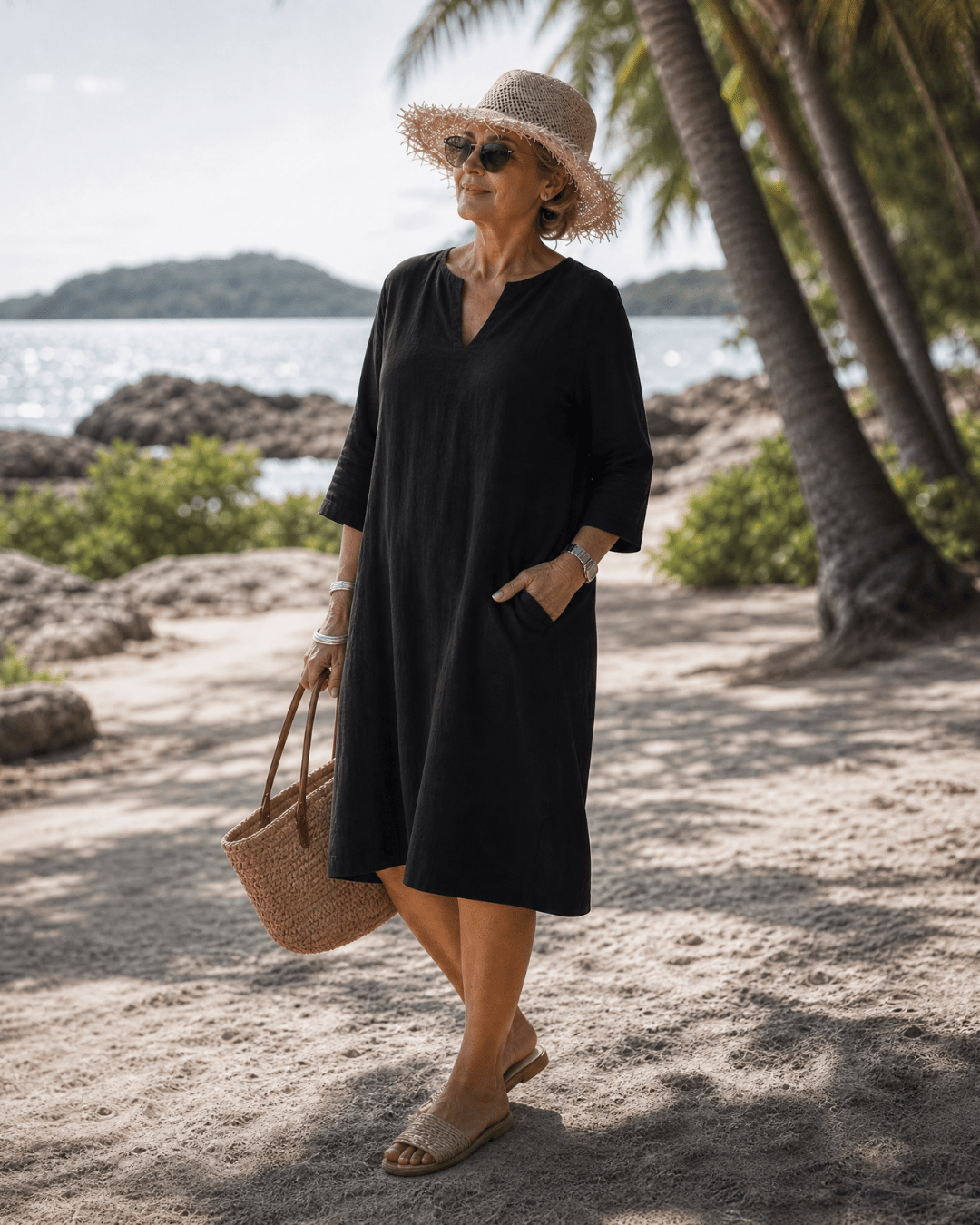 Elixir | Textured V Neck Drie Kwart Mouw Knie Lengte Jurk
