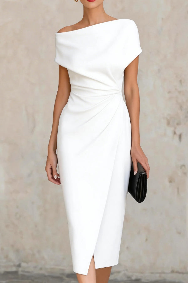 Elegante Korte Mouw Slim-fit Plissé Midi Jurk