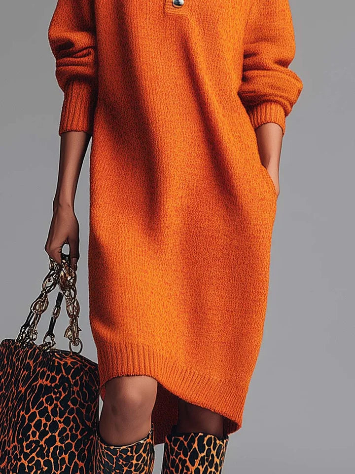 Oranje Colbert Knopen-Voorkant Gebreide Midi Jurk