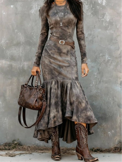 Vintage Polyester Flare Hem Midi Dress (Inclusief riem)