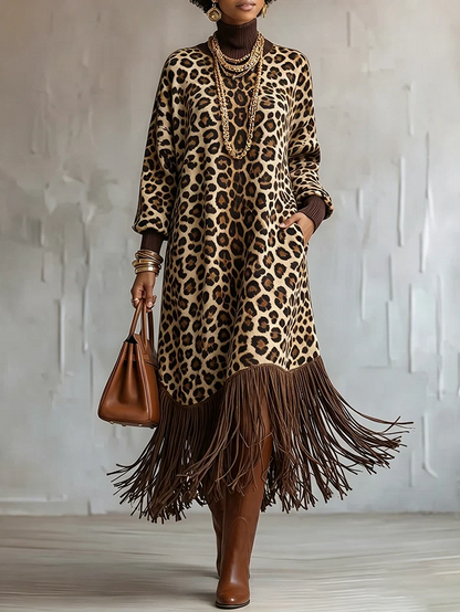 Leopardprint Fringe Hem Lange Mouw Midi Jurk