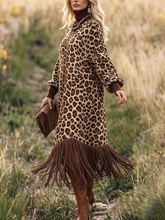 Leopardprint Fringe Hem Lange Mouw Midi Jurk