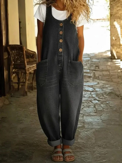 Valentina - Vintage gewassen katoenen denim salopette