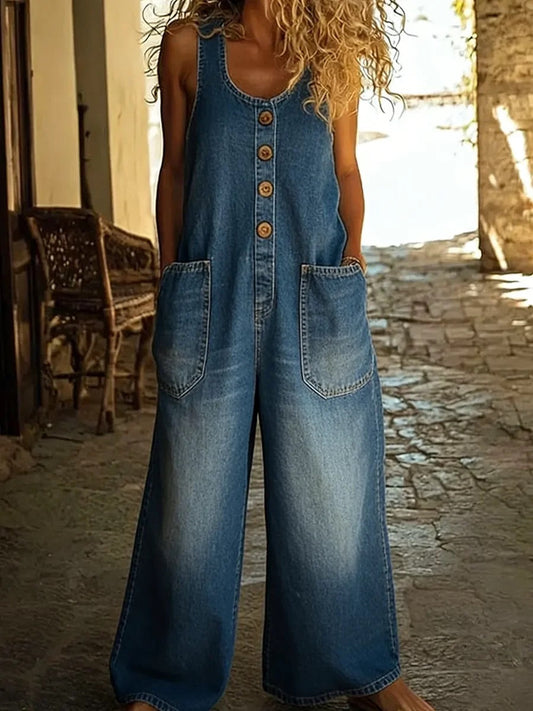 Valentina - Vintage gewassen katoenen denim salopette