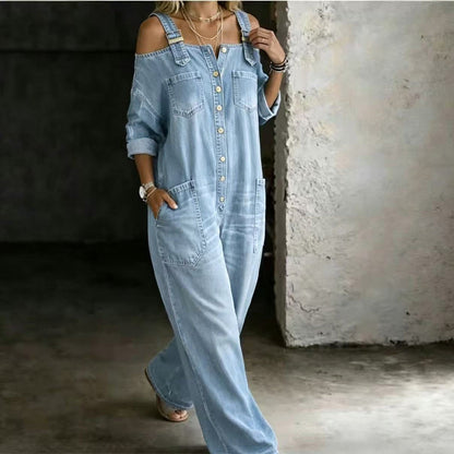 Nathalie - Jumpsuit met open schouders, wijde pijpen en zakken