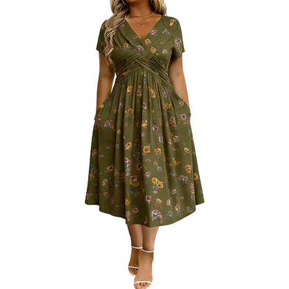 Dionne - Damesjurk met V-hals, bloemenprint en gedraaide taille