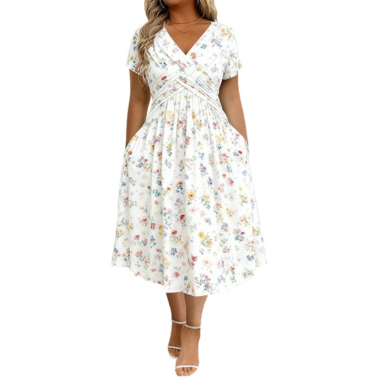Dionne - Damesjurk met V-hals, bloemenprint en gedraaide taille