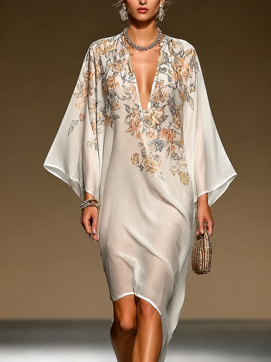 Beige Bloemenprint Chiffon Kaftan Jurk Diepe V-Hals Batwing Mouwen Asymmetrische Zoom Vloeiende Midi Jurk