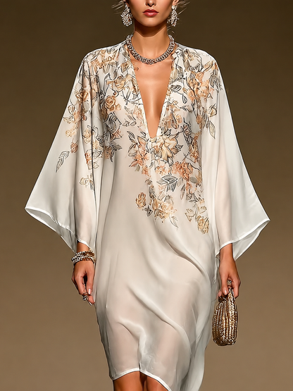 Beige Bloemenprint Chiffon Kaftan Jurk Diepe V-Hals Batwing Mouwen Asymmetrische Zoom Vloeiende Midi Jurk