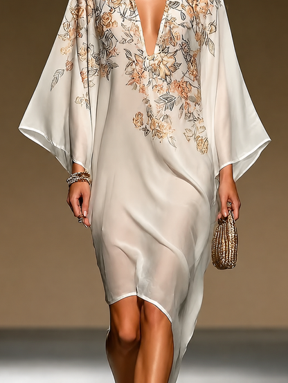 Beige Bloemenprint Chiffon Kaftan Jurk Diepe V-Hals Batwing Mouwen Asymmetrische Zoom Vloeiende Midi Jurk