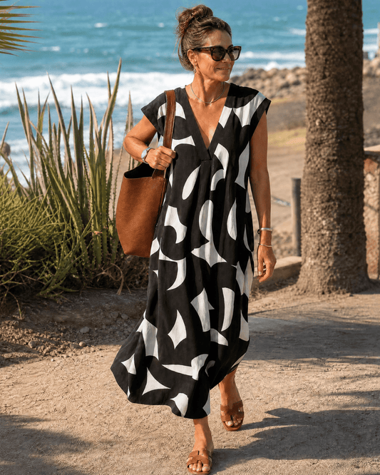 Verain | Abstracte Print V-Hals Vloeiende Midi Jurk