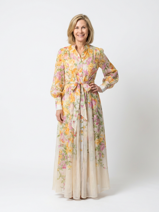 Cressida | Maxidress met bloemenprint en transparante stof met lange mouwen