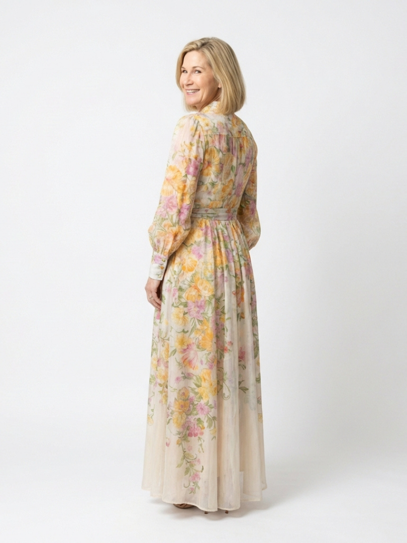 Cressida | Maxidress met bloemenprint en transparante stof met lange mouwen